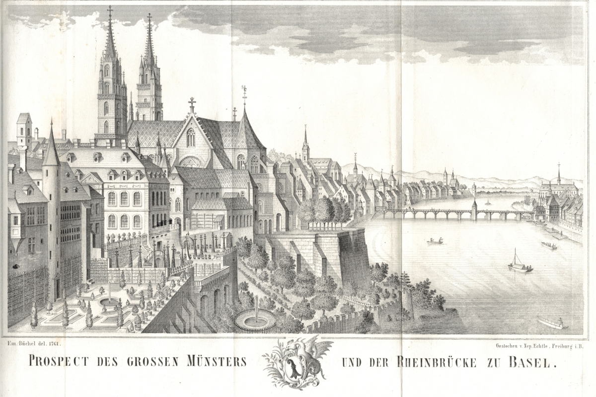 <p>471 * Prospect des grossen Münsters und der Rheinbrücke zu Basel</p>